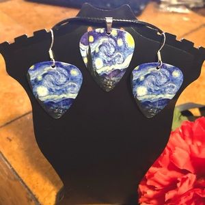 Handmade Vincent Van Gogh Starry Night Earrings w/ Pendant Necklace & Enamel Pin